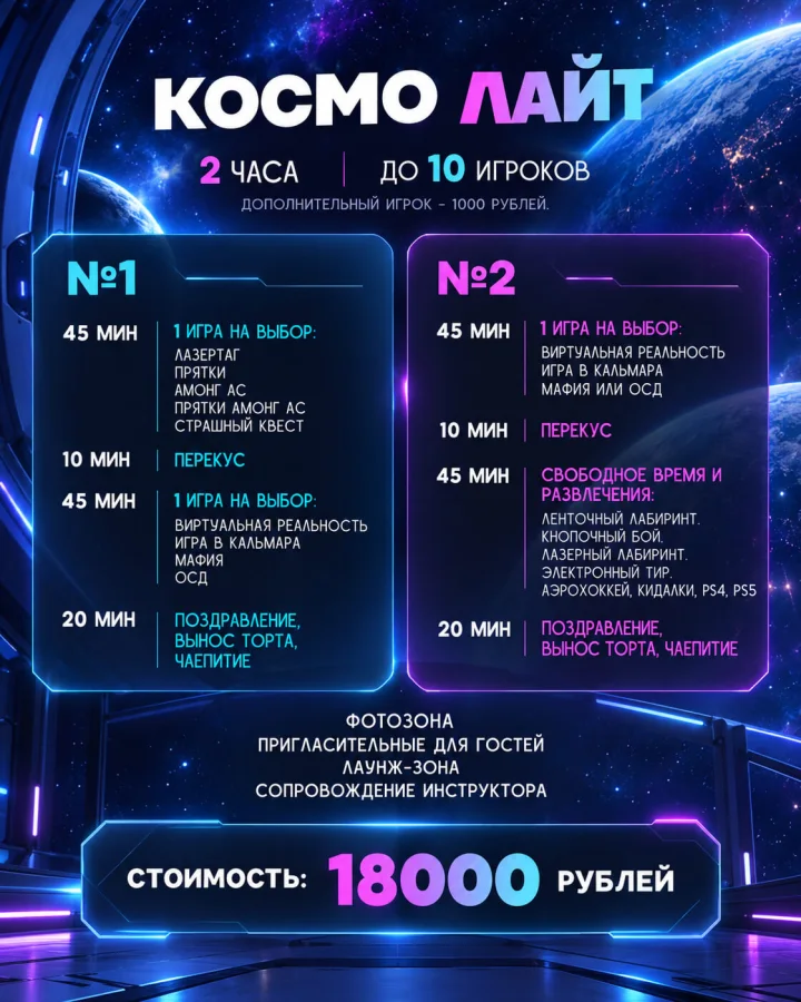 Пакет «Космо Лайт»: 2 часа, до 10 игроков, 18 000 рублей